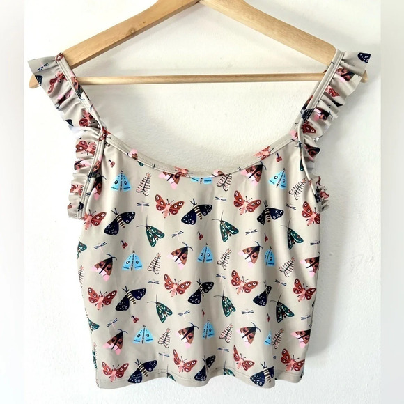 Kortni Jeane Taupe Moth Pattern Ruffle Strap Swim Tank Mix & Match Medium - Picture 4 of 8